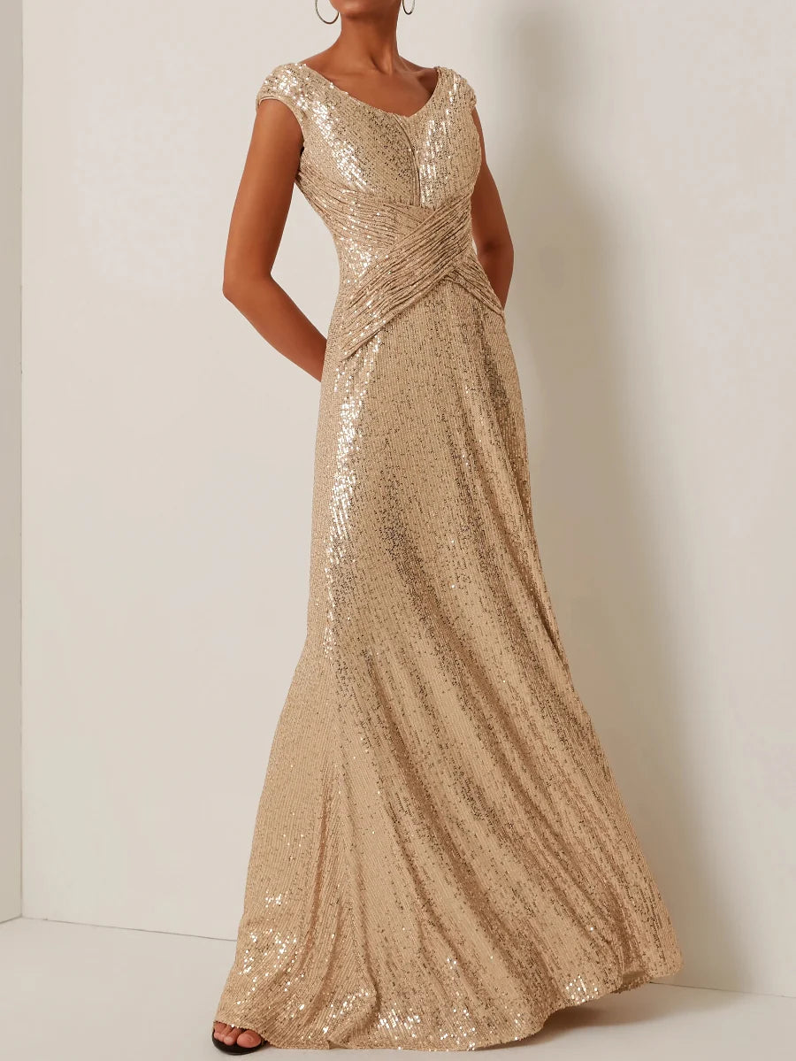 Sparkling Sequin V-Neck Cap Sleeve Ruched Waist Mermaid Floor-Length Formal Evening Dresses