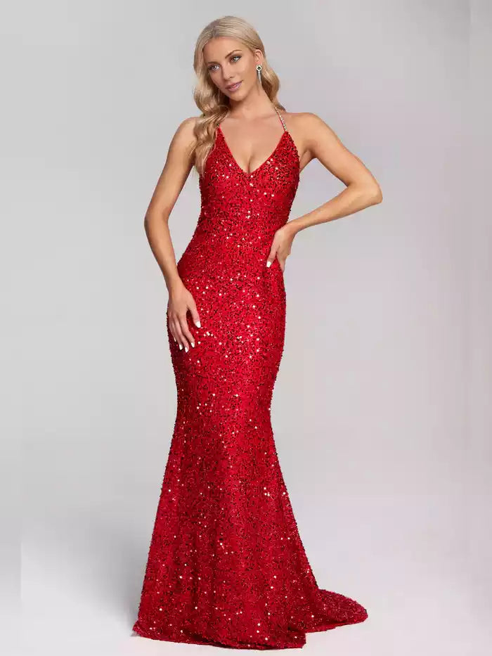 Sparkly Mermaid Halter Sequins V Neck Prom Dress