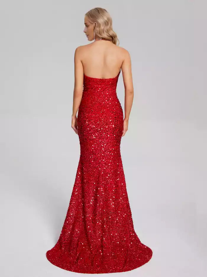 Sparkly Mermaid Halter Sequins V Neck Prom Dress