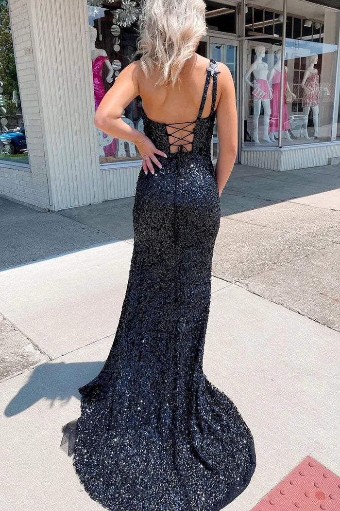 Sparkly Mermaid One Shoulder Sequins Crisscross Back Prom Dresses with Stars