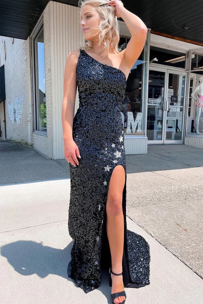 Sparkly Mermaid One Shoulder Sequins Crisscross Back Prom Dresses with Stars