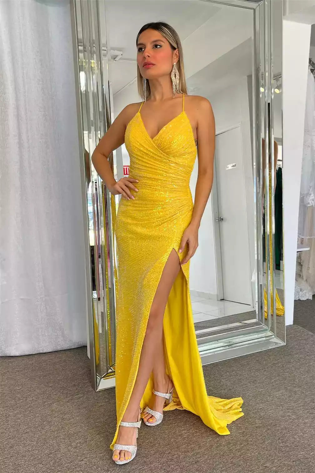 Sparkly Mermaid Spaghetti-Strap Crisscross-Back Slit Floor-Length Prom Gown