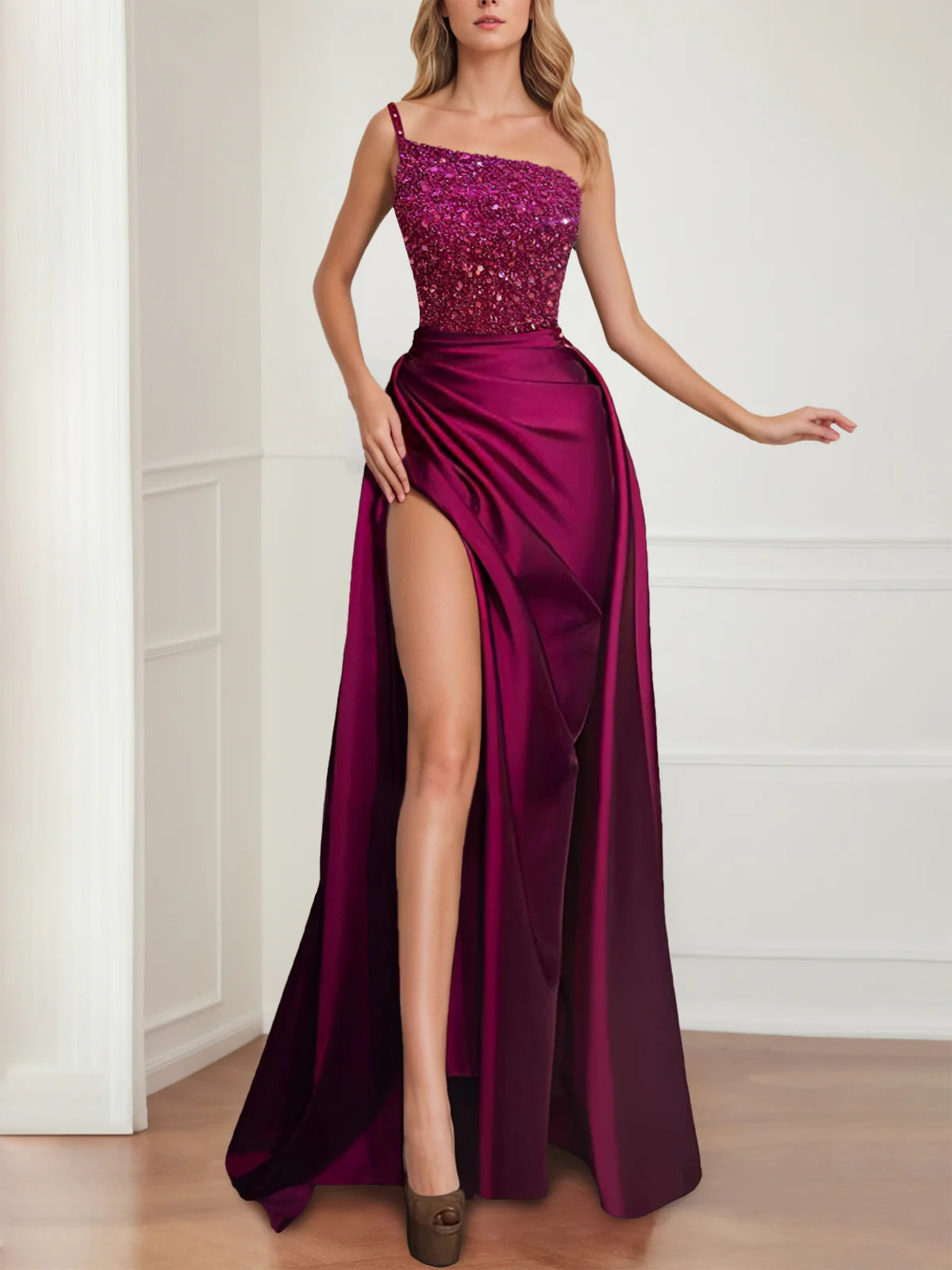 Sparkly One Shoulder Sleeveless Back Zip Floor Length Prom Dress with Split
