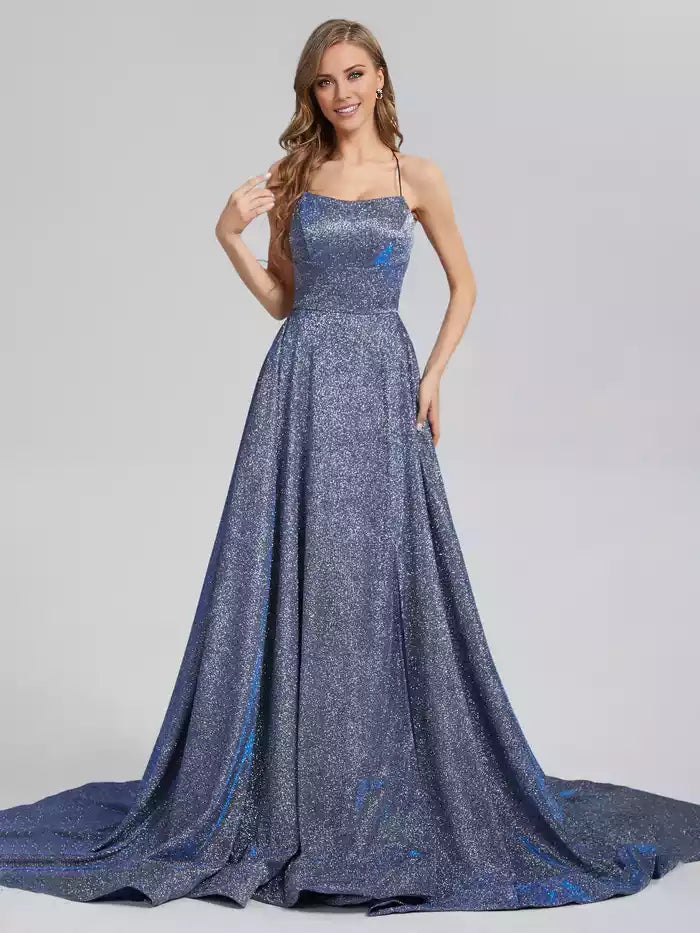 Sparkly Square Neck  Lace Up Back Halter Prom Dresses with Trailing