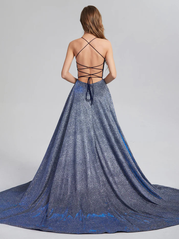 Sparkly Square Neck  Lace Up Back Halter Prom Dresses with Trailing