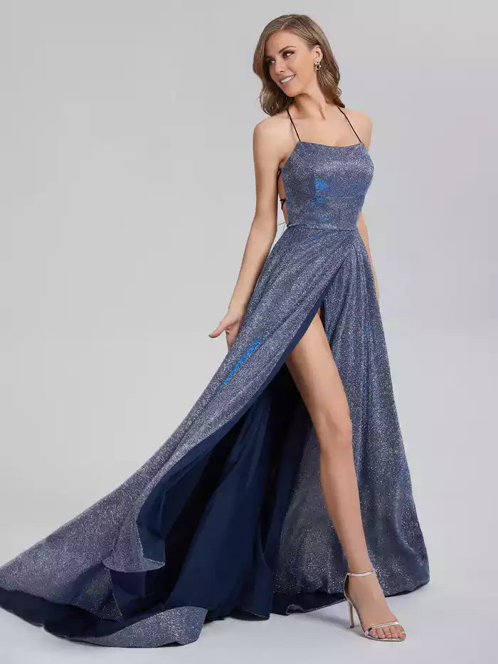 Sparkly Square Neck  Lace Up Back Halter Prom Dresses with Trailing