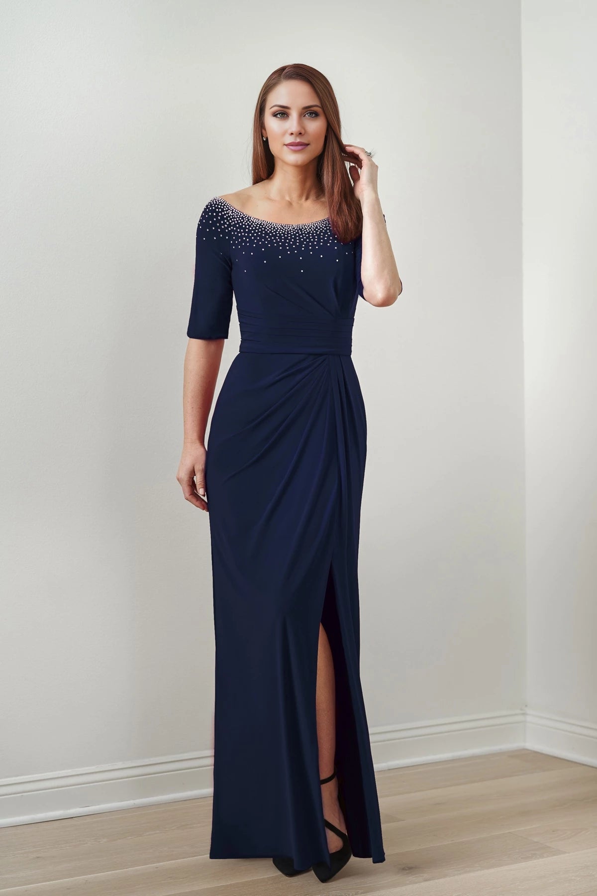 Splendid Fit Flare Dress with Scattered Rhinestoned Neckline and Elbow Length Sleeves Mother of the Bride Dresses
