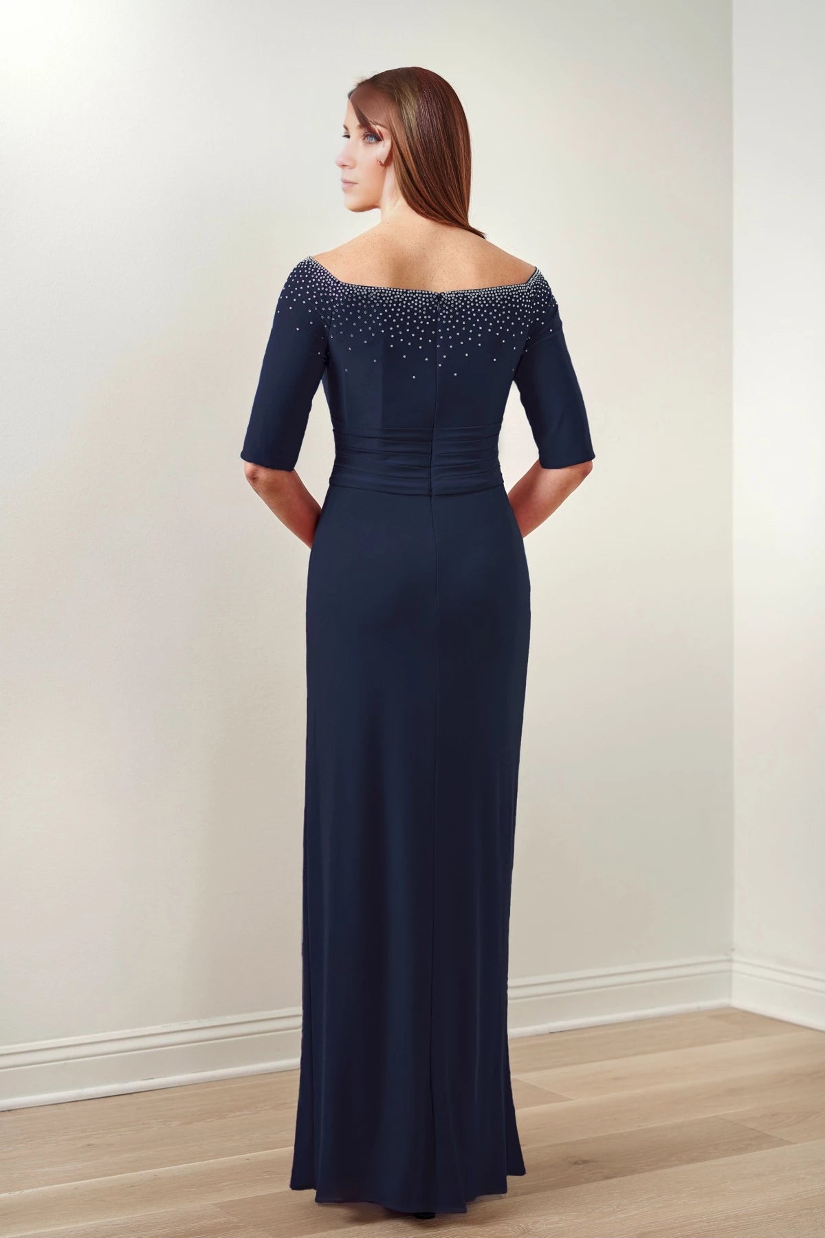 Splendid Fit Flare Dress with Scattered Rhinestoned Neckline and Elbow Length Sleeves Mother of the Bride Dresses
