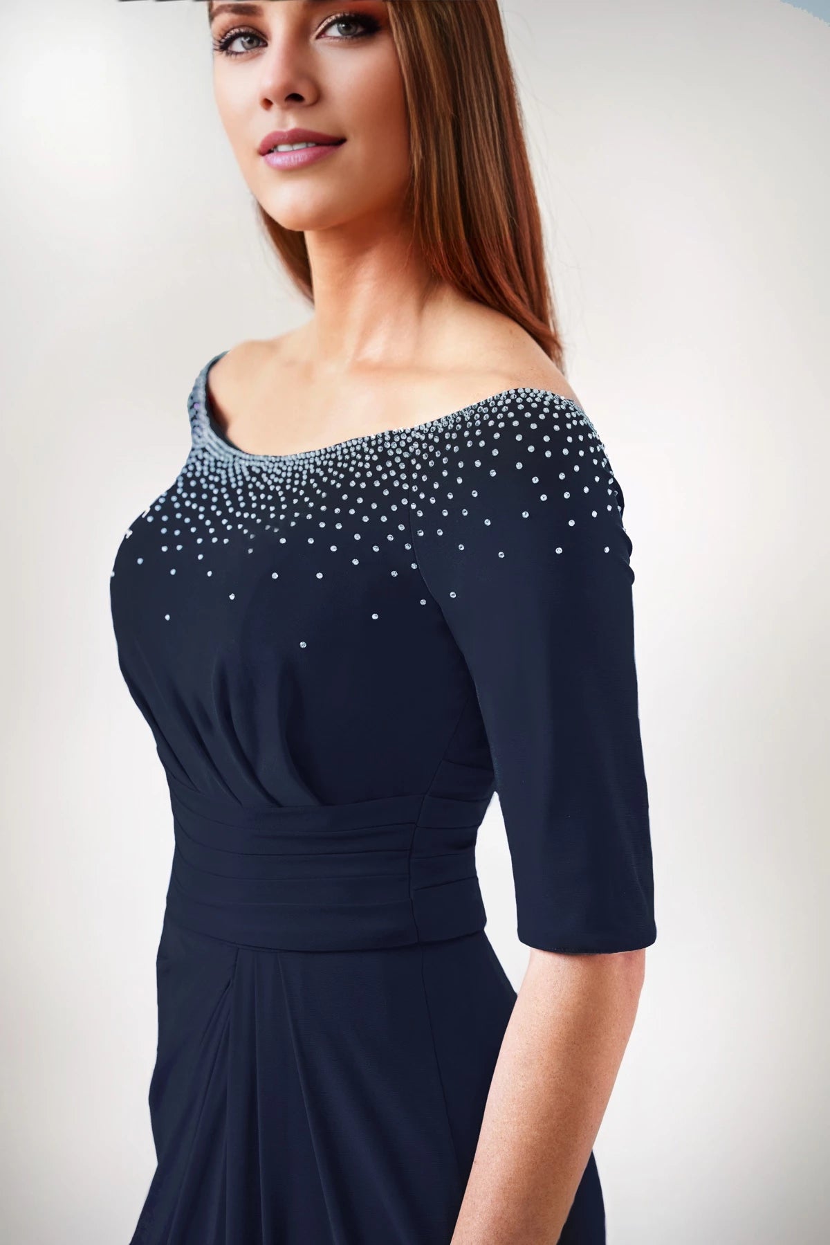 Splendid Fit Flare Dress with Scattered Rhinestoned Neckline and Elbow Length Sleeves Mother of the Bride Dresses
