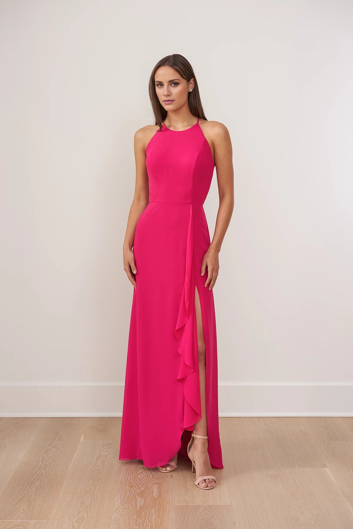 Splendid Poly Chiffon A-line Gown with Halter Jewel Neckline and Diamond Shape Spaghetti Strap Back Bridesmaid Dresses