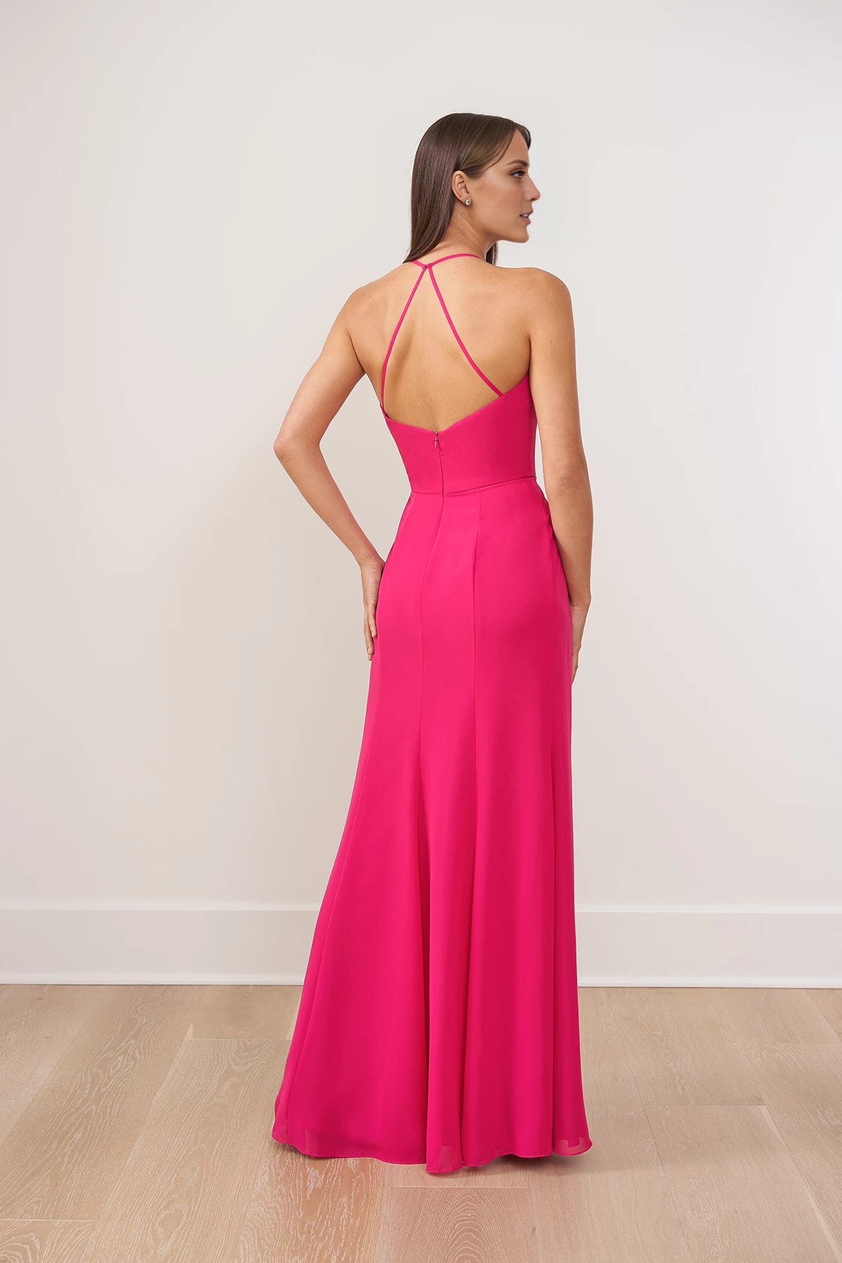 Splendid Poly Chiffon A-line Gown with Halter Jewel Neckline and Diamond Shape Spaghetti Strap Back Bridesmaid Dresses