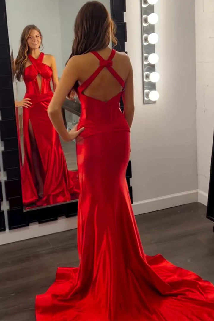 Split Fork Open Back Prom Dress