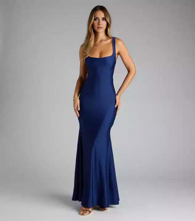 Square Neck Back Lace Up suspenders Mermaid Evening Dress