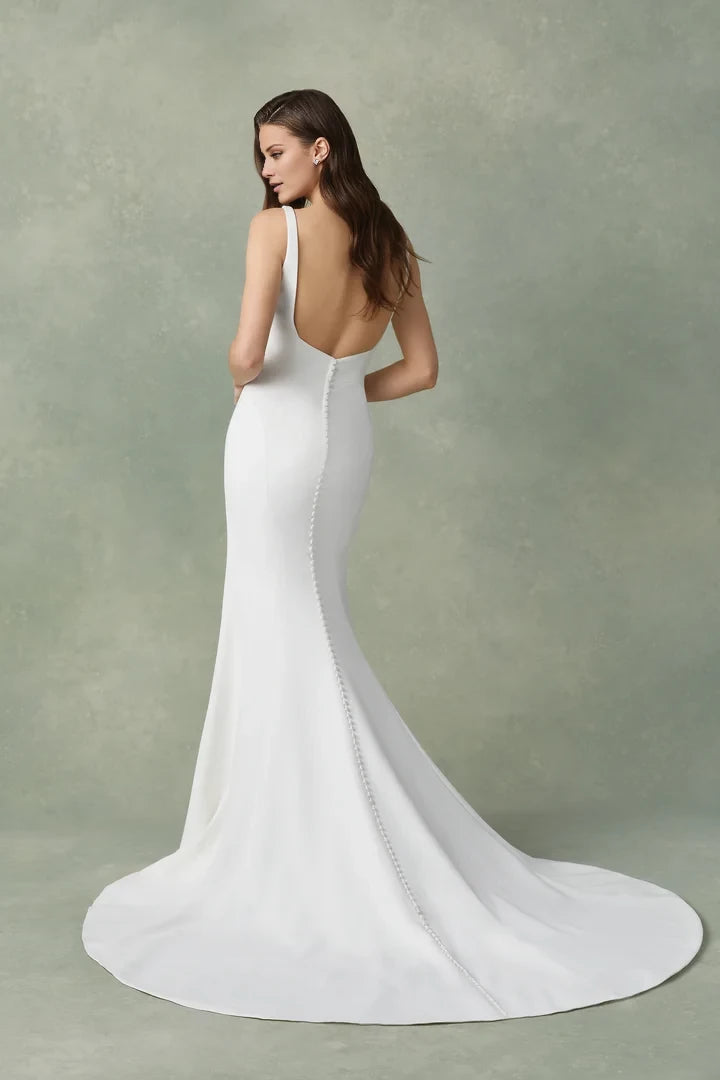 Square Neck Crepe Fit and Flare Gown with Basque Waist Wedding Dresses