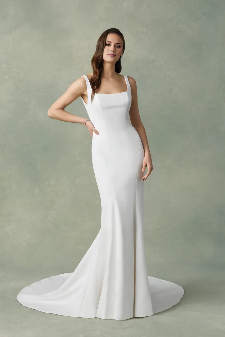 Square Neck Crepe Fit and Flare Gown with Basque Waist Wedding Dresses