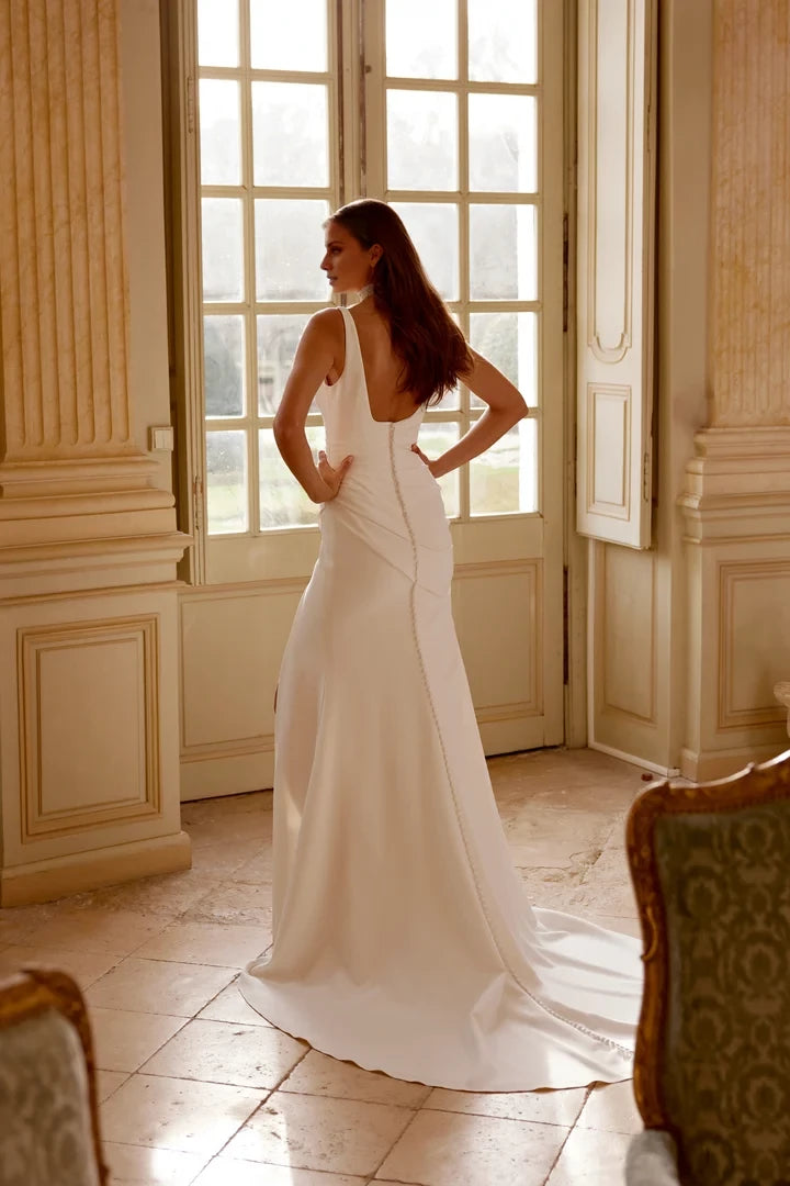 Square Neck Crepe Fit and Flare Gown with Ruching Wedding Dresses