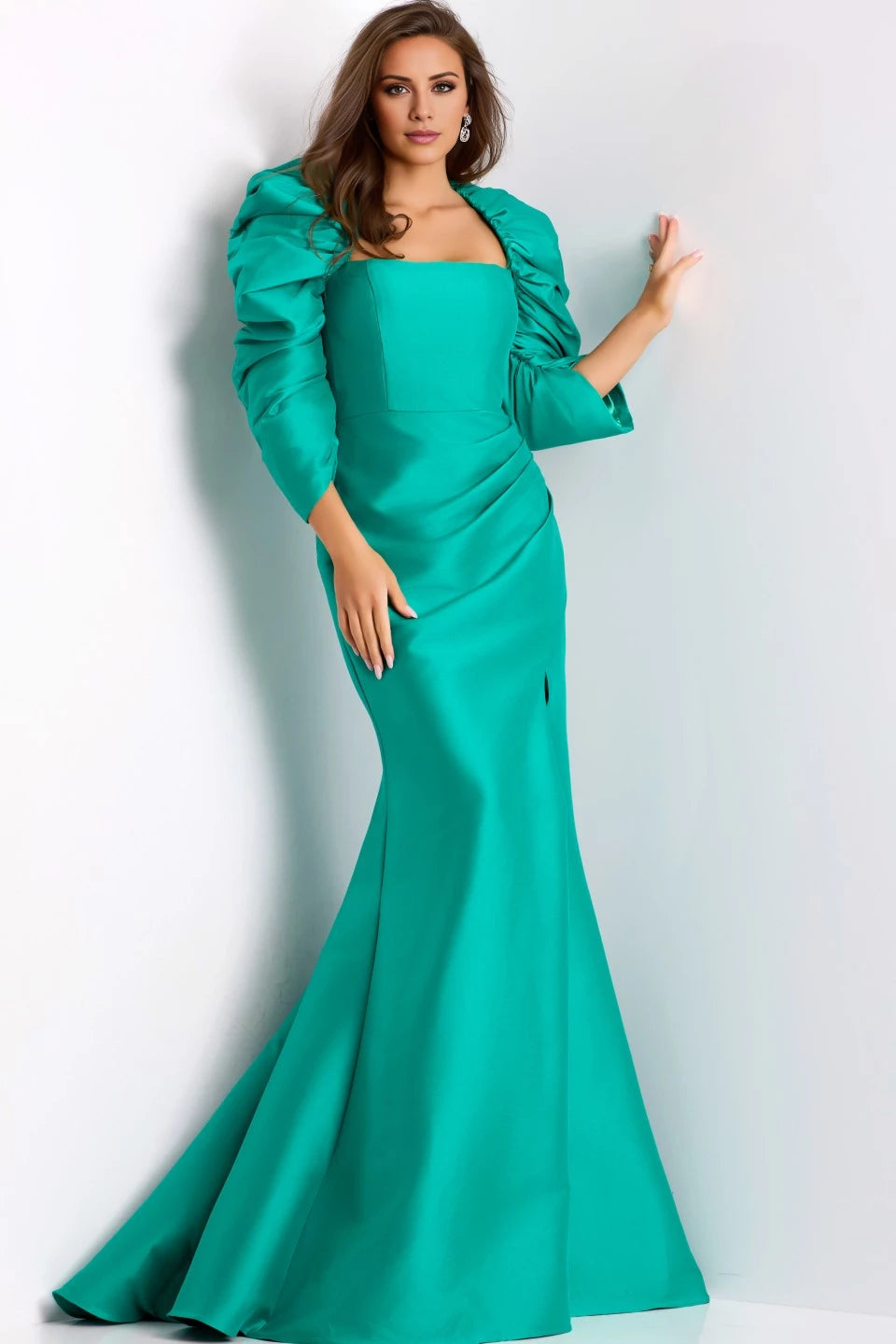 Square Neck Floor-Length Gown with Puff Sleeves Evening Dresses