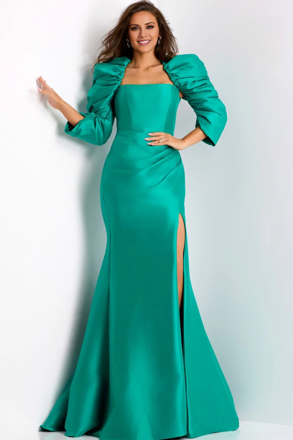 Square Neck Floor-Length Gown with Puff Sleeves Evening Dresses
