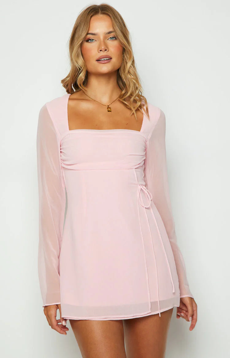 Square Neck Long Sleeve Mini Dress Homecoming Dress