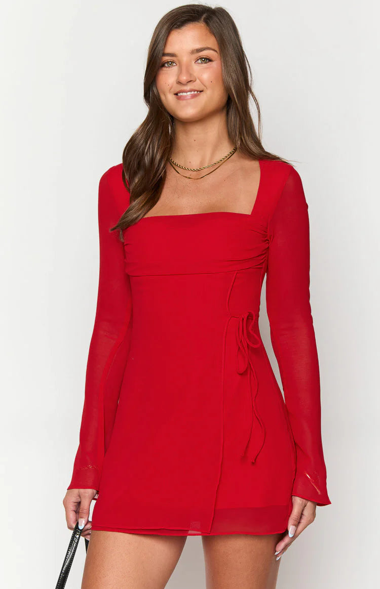 Square Neck Long Sleeve Mini Dress Homecoming Dress