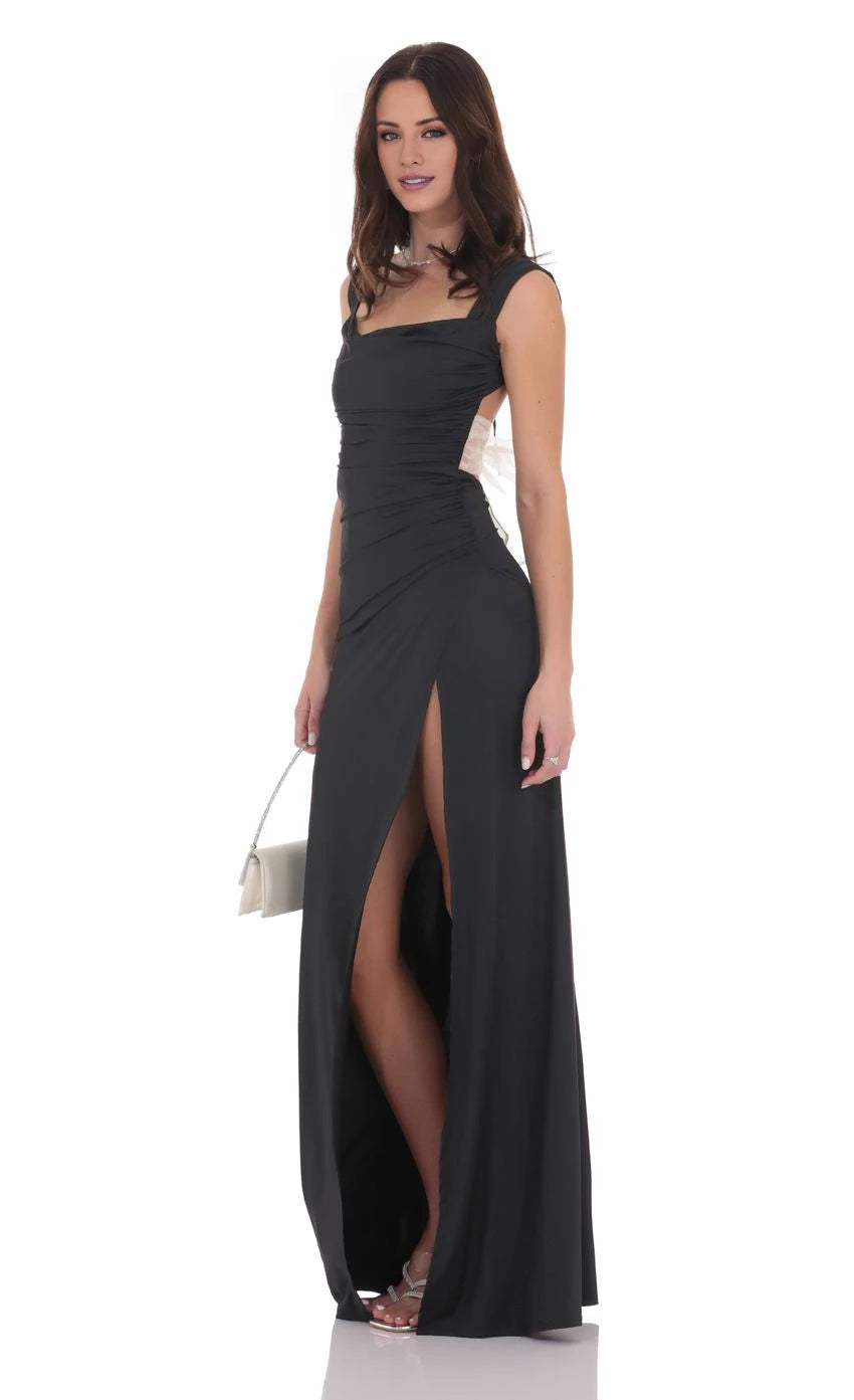 Square Neck  Open Back Bow Maxi Dress Prom Dresses