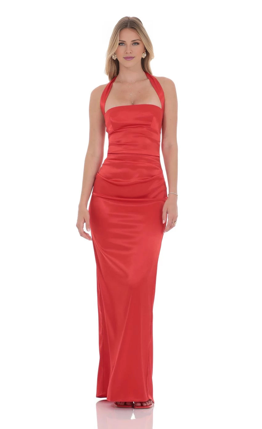 Square Neck Satin Halter Maxi Dress Prom Dresses