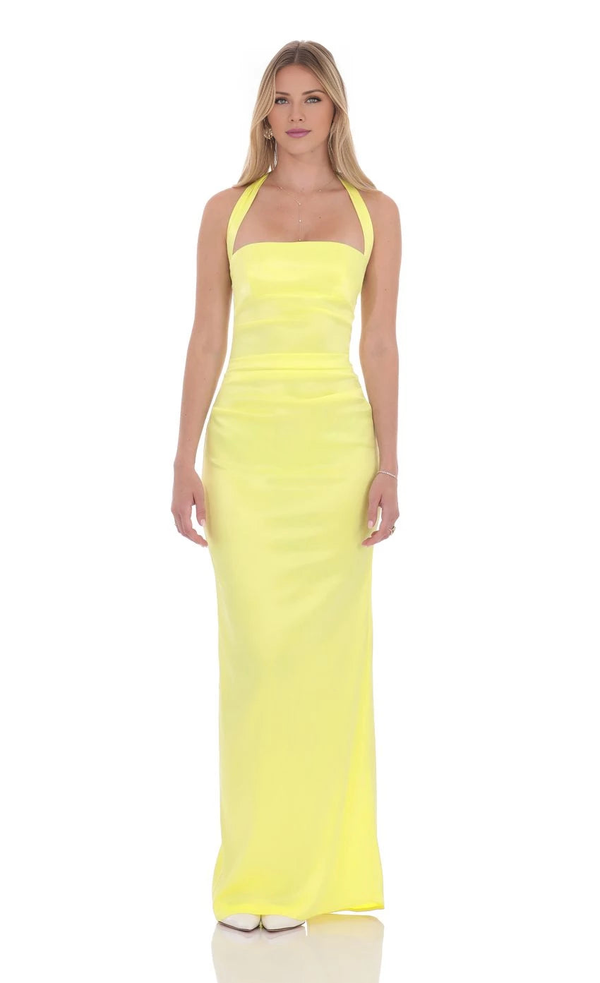 Square Neck Satin Halter Maxi Dress Prom Dresses