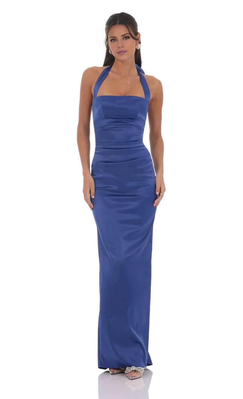 Square Neck Satin Halter Maxi Dress Prom Dresses
