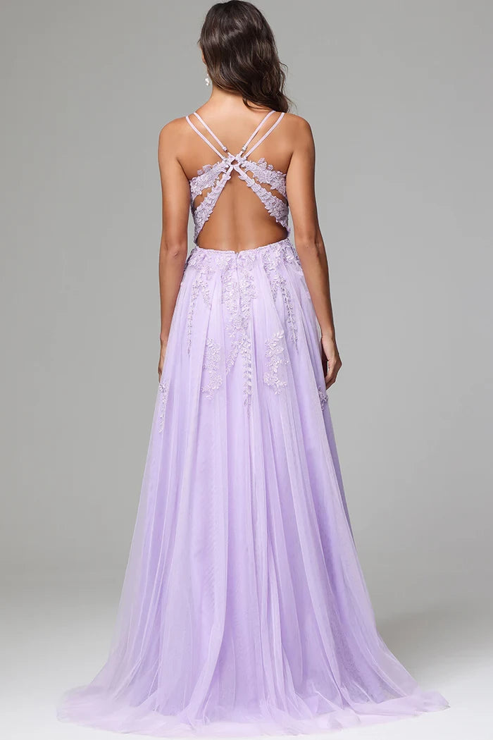 Square Neck Spaghetti Straps Lace Appliques Back Zip Side Slit Prom Dress