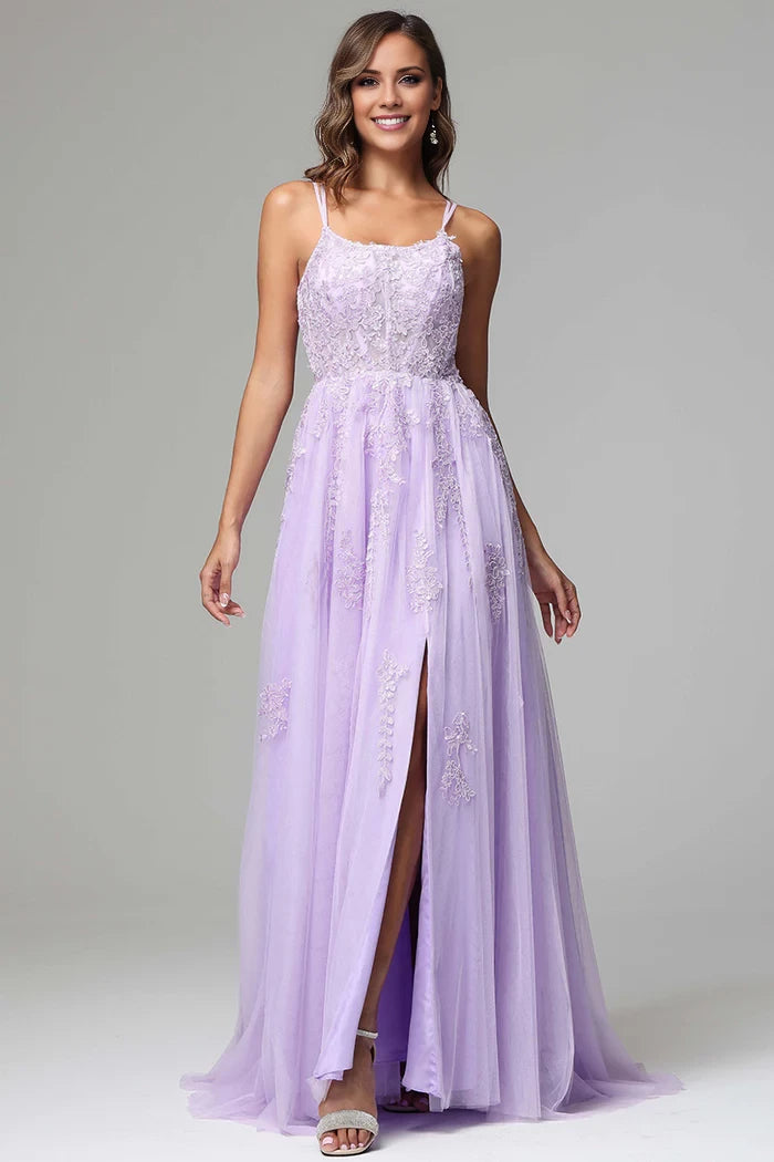 Square Neck Spaghetti Straps Lace Appliques Back Zip Side Slit Prom Dress