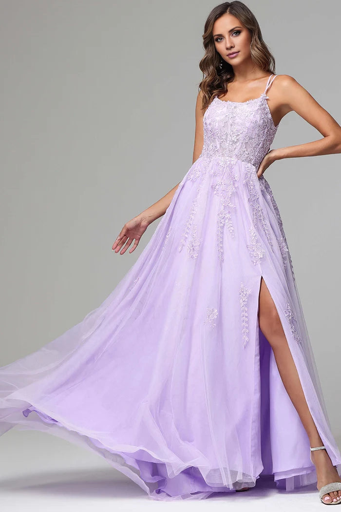Square Neck Spaghetti Straps Lace Appliques Back Zip Side Slit Prom Dress