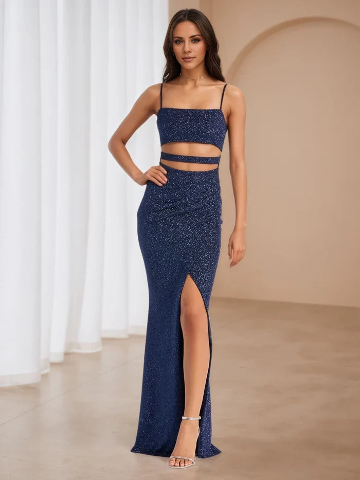 Square Neckline Cut Out Dark Navy Prom Dresses
