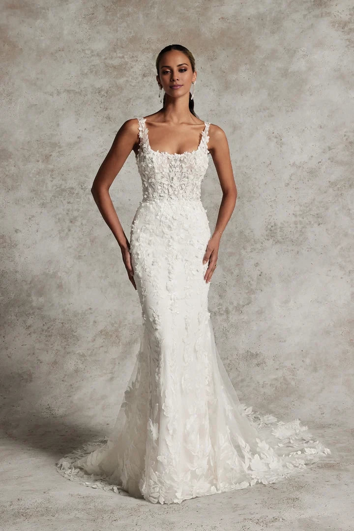 Square Neckline Fit and Flare Wedding Gown with 3D Appliqués Wedding Dresses