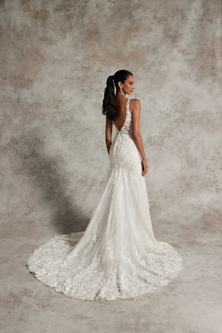 Square Neckline Fit and Flare Wedding Gown with 3D Appliqués Wedding Dresses