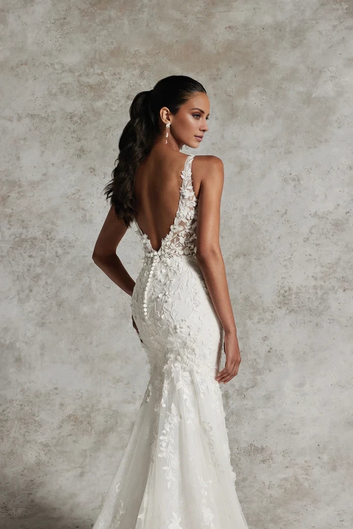 Square Neckline Fit and Flare Wedding Gown with 3D Appliqués Wedding Dresses
