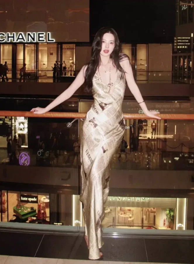 Statement Newspaper Print Metallic Gold Satin Spaghetti Strap Gown
