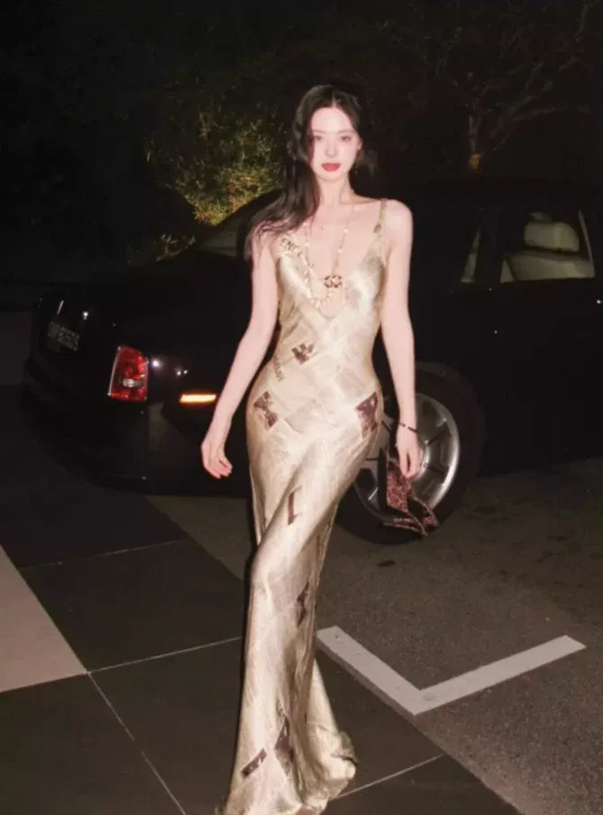 Statement Newspaper Print Metallic Gold Satin Spaghetti Strap Gown