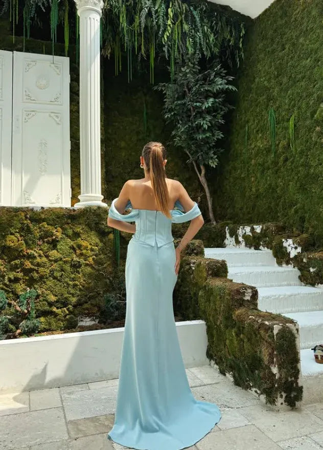 Statuesque Mermaid Off-The-Shoulder Ruched Sky-Blue Crepe Gown