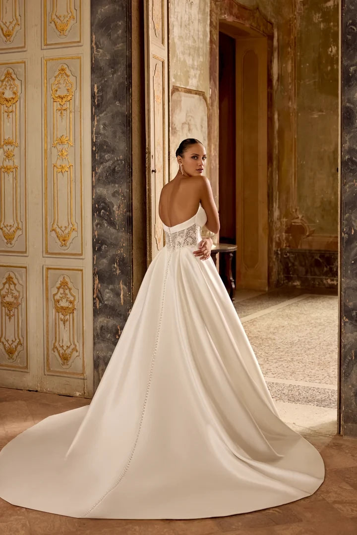Strapless A-Line Gown with Intricate Beaded Illusion Back Wedding Dresses