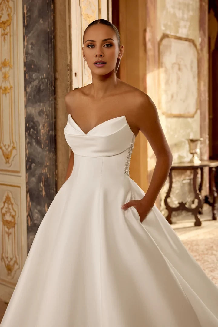Strapless A-Line Gown with Intricate Beaded Illusion Back Wedding Dresses