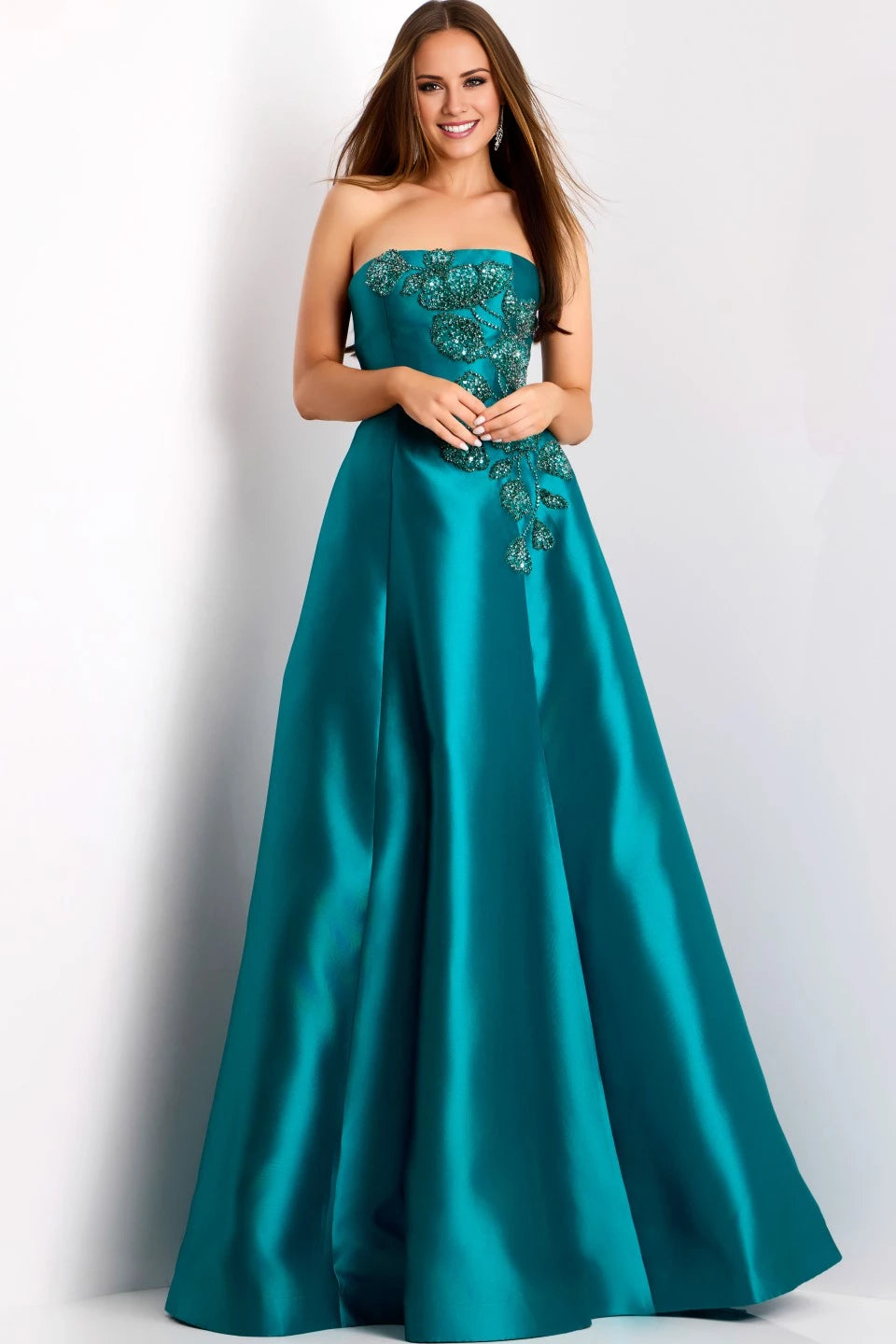 Strapless A-Line Gown with Intricate Floral Appliqué Evening Dresses