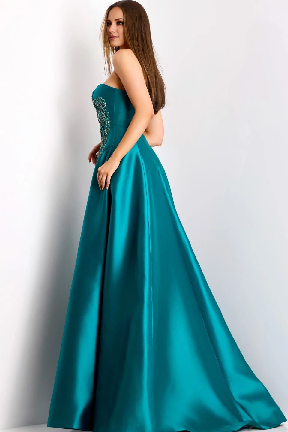 Strapless A-Line Gown with Intricate Floral Appliqué Evening Dresses