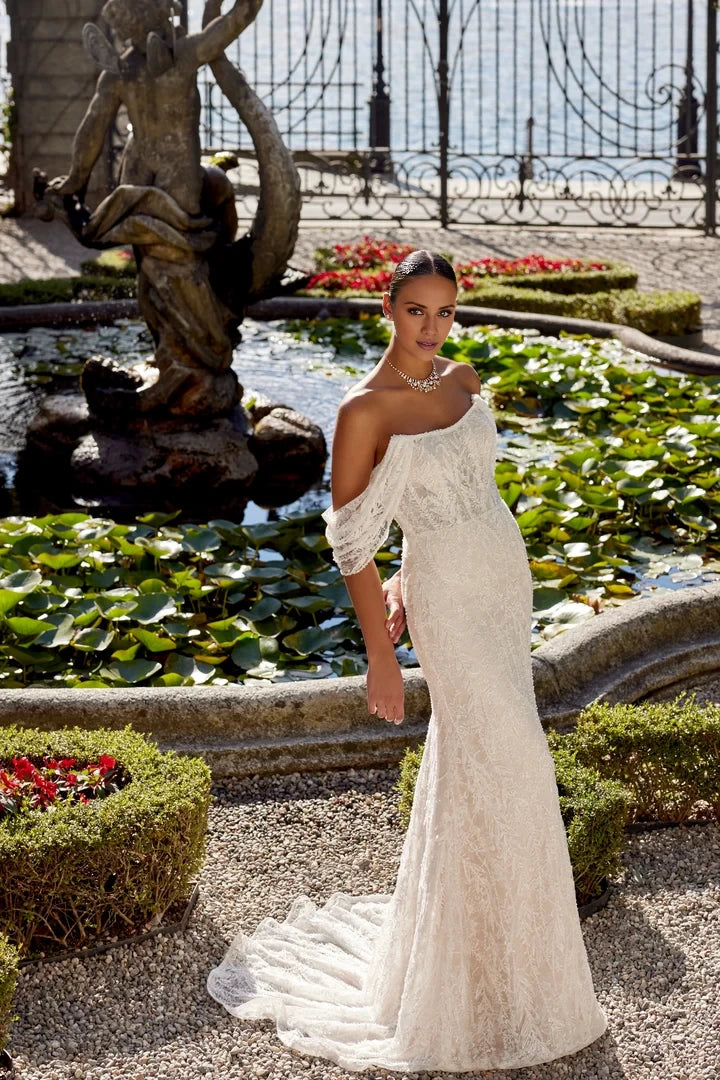 Strapless Allover Beaded and Chantilly Lace Fit and Flare Gown Wedding Dresses