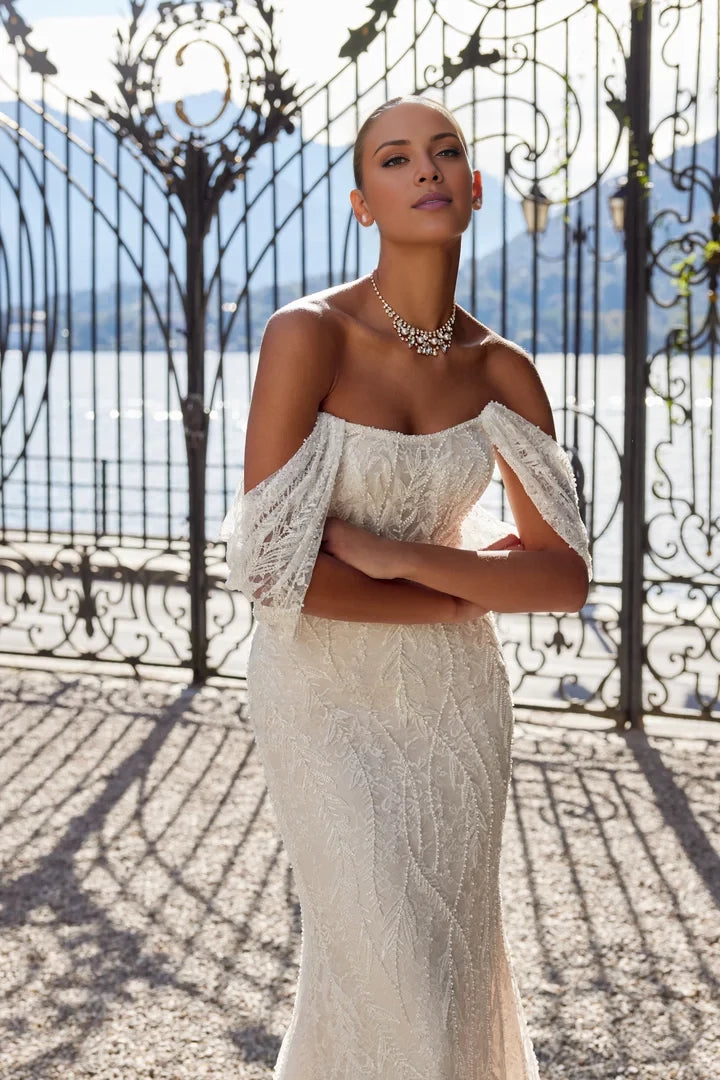 Strapless Allover Beaded and Chantilly Lace Fit and Flare Gown Wedding Dresses
