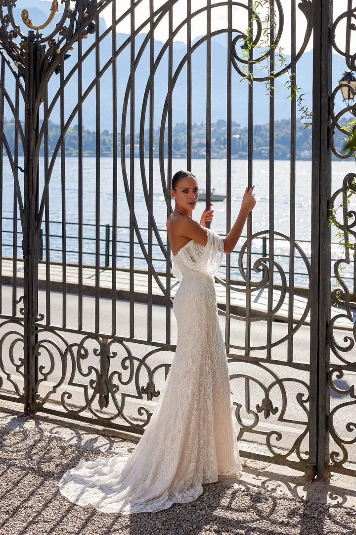 Strapless Allover Beaded and Chantilly Lace Fit and Flare Gown Wedding Dresses