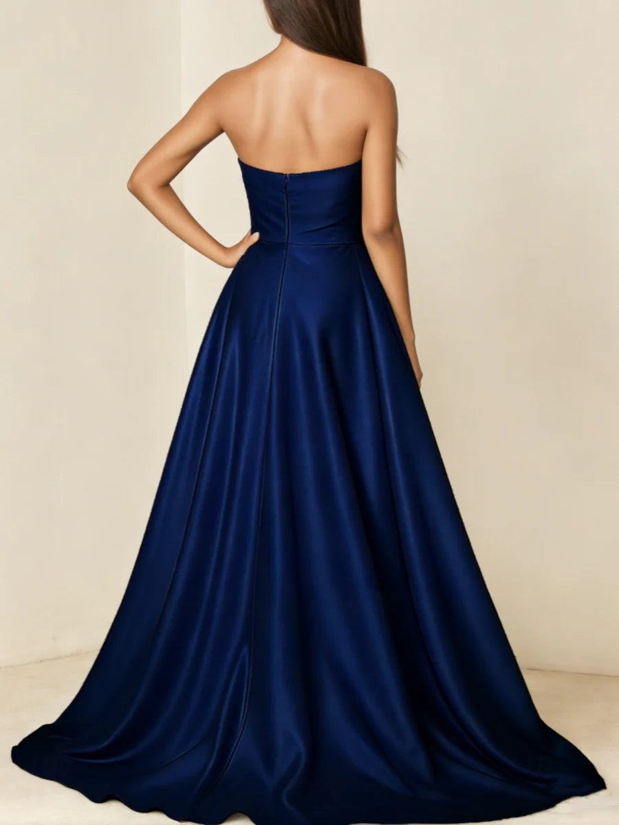 Strapless Asymmetric Satin Evening Dress with Oversized Bow, High Thigh Slit & A-Line Train