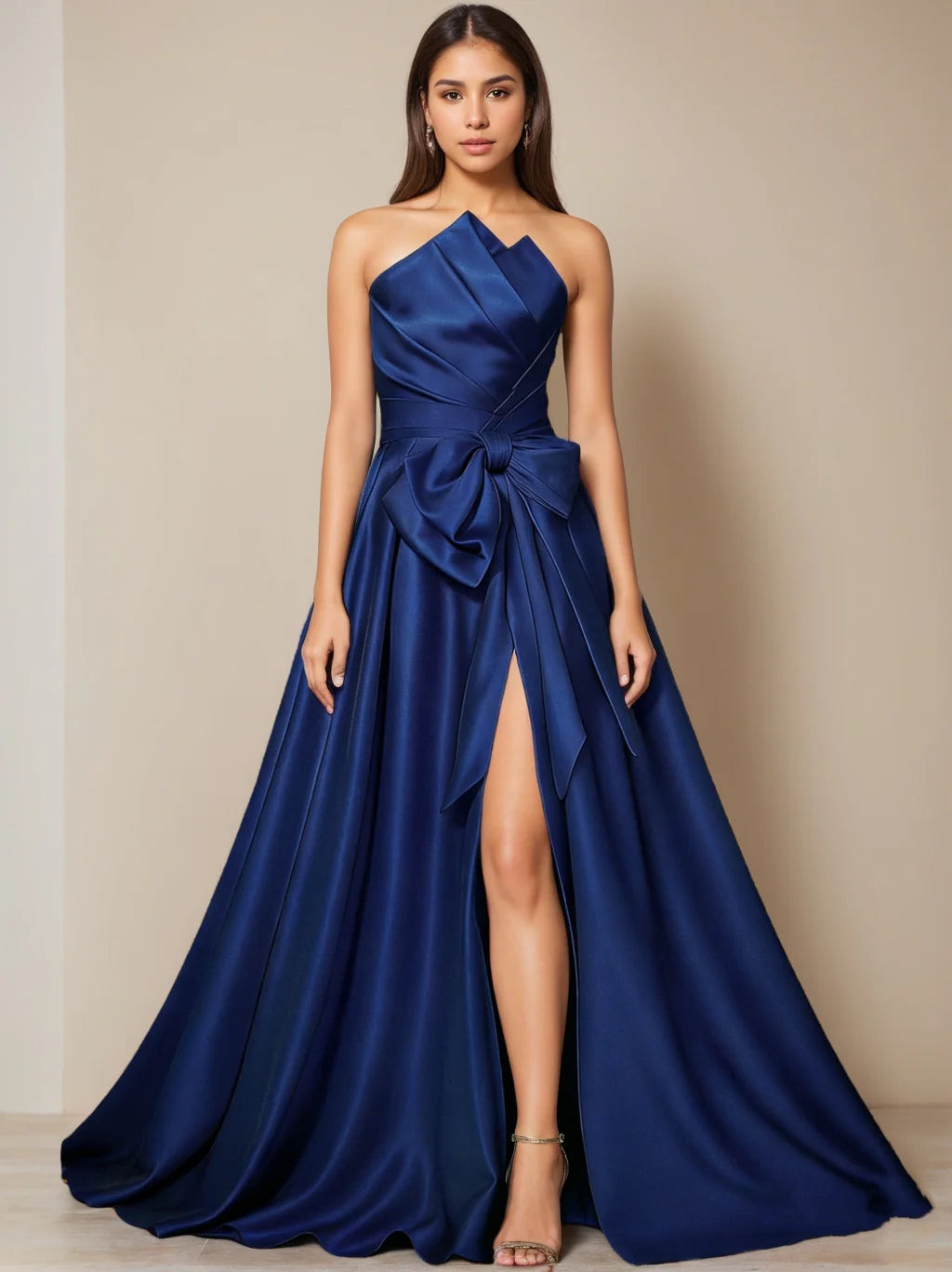 Strapless Asymmetric Satin Evening Dress with Oversized Bow, High Thigh Slit & A-Line Train