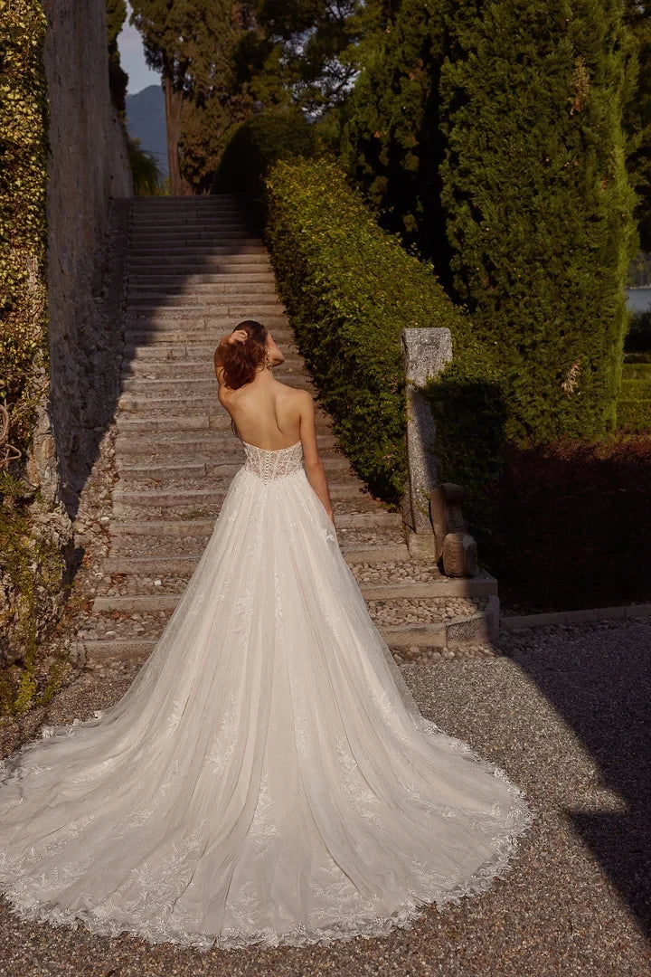 Strapless Ball Gown with Scoop Neckline and Chantilly Lace Underlay Wedding Dresses