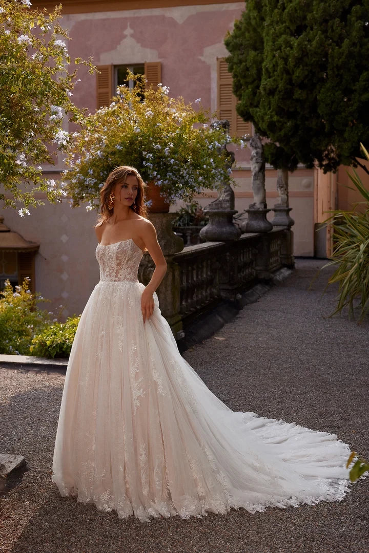 Strapless Ball Gown with Scoop Neckline and Chantilly Lace Underlay Wedding Dresses
