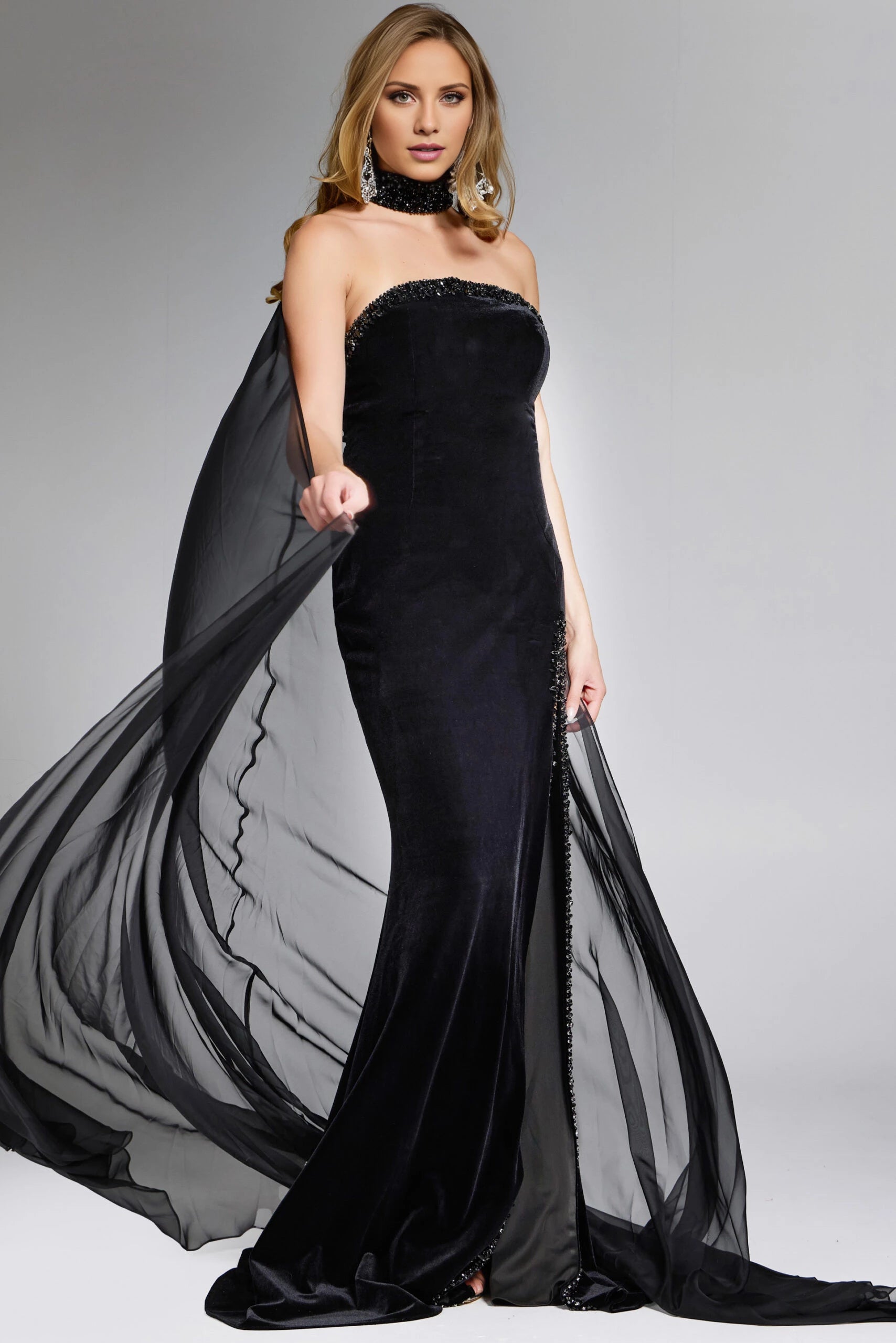 Strapless Black Velvet Gown With Beaded High Neckline Evening Dresses